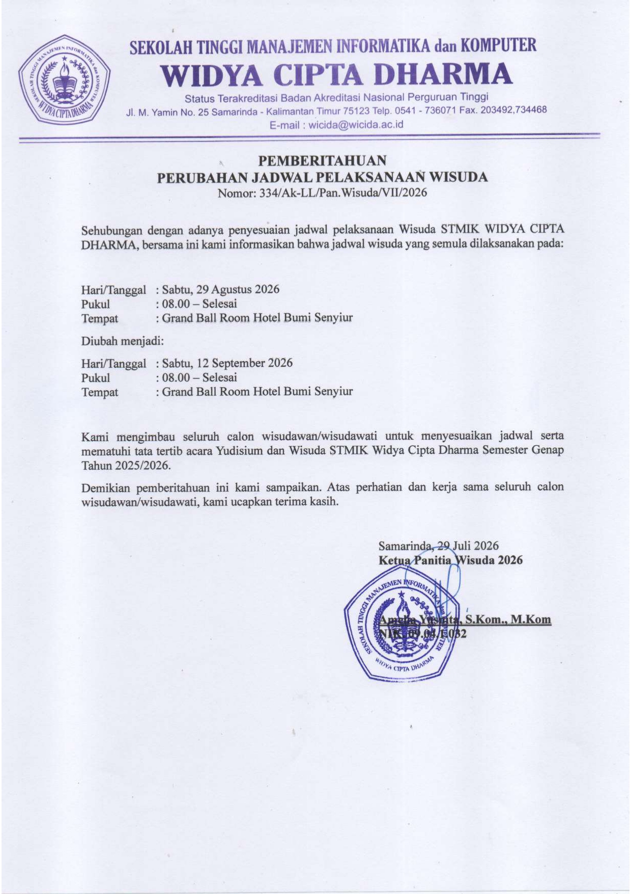 PENGUMUMAN & TATA TERTIB WISUDA TAHUN 2026
