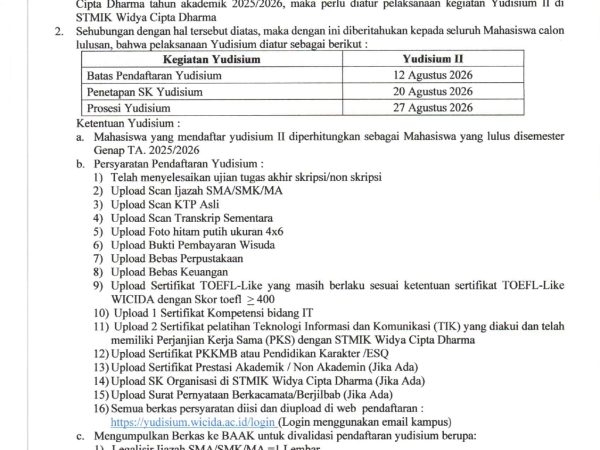 PENGUMUMAN EDARAN YUDISIUM STMIK WICIDA TAHUN AKADEMIK 2025/2026