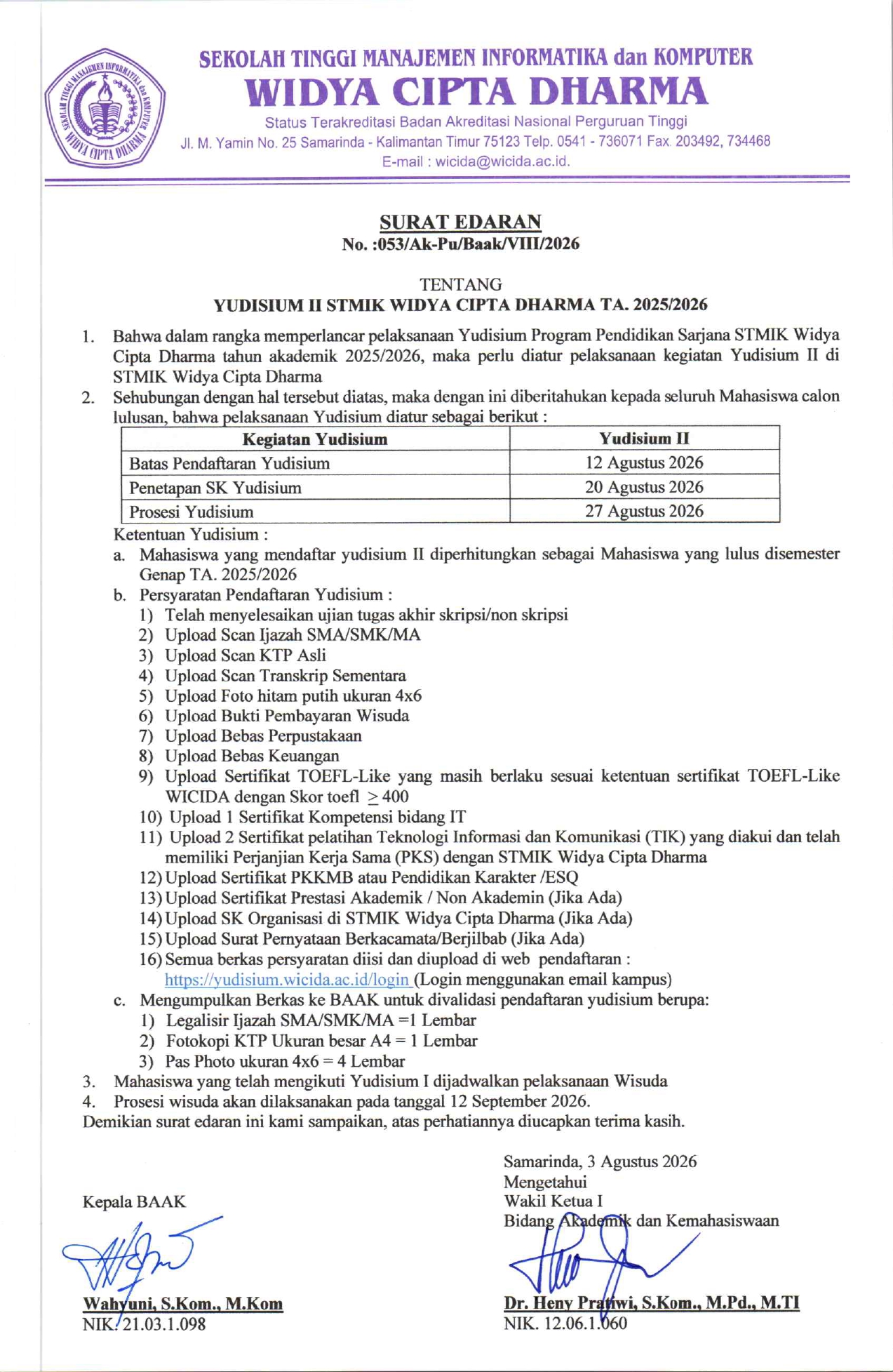 PENGUMUMAN EDARAN YUDISIUM STMIK WICIDA TAHUN AKADEMIK 2025/2026